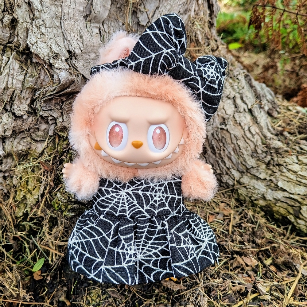 Custom Labubu Halloween Spider Web Dress and Matching Bow Scrunchie